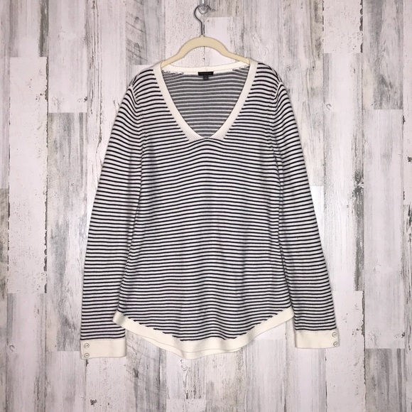 Talbots Sweaters - White black stripe V-neck sweater with snap cuffs